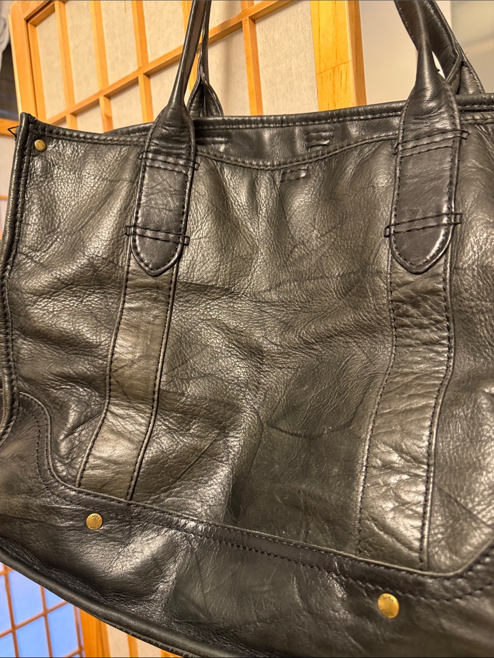 Frye Black Leather Tote with Brass Accents - Picture 4 of 9